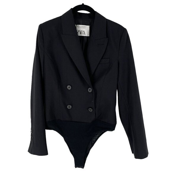 NWT Zara Black Gabardine Double Breasted Long Sleeve Collared Tuxedo Bodysuit M - Picture 1 of 13
